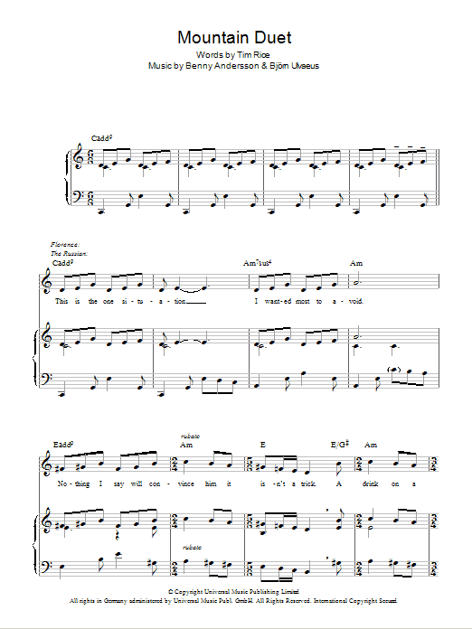 Andersson and Ulvaeus Mountain Duet (from Chess) sheet music notes and chords. Download Printable PDF.