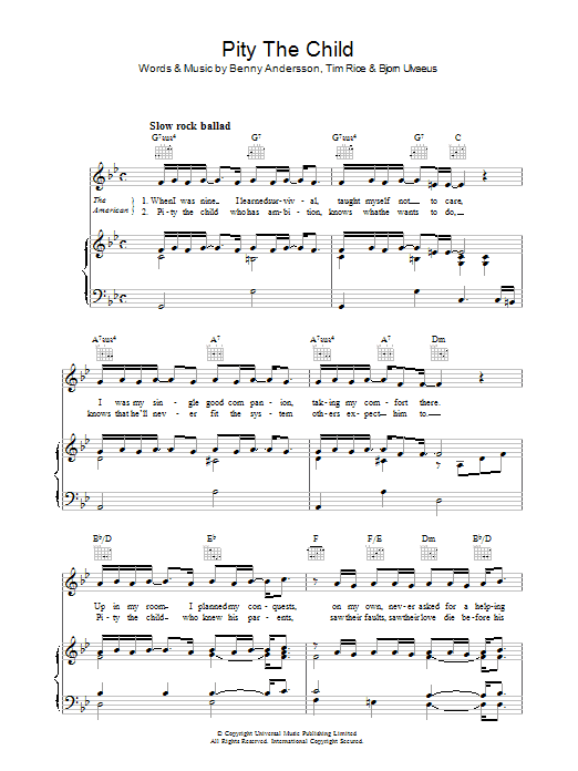 Learn to play Tim Rice Pity The Child sheet music for Piano, Vocal & Guitar Chords in minutes. Price: 7.8900$ Tim Rice Pity The Child sheet music notes and chords arranged for Piano, Vocal & Guitar Chords
