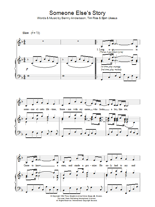 Andersson and Ulvaeus Someone Else's Story (from Chess) sheet music notes and chords. Download Printable PDF.