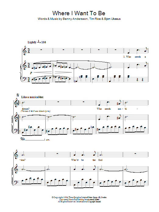 Andersson and Ulvaeus Where I Want To Be (from Chess) sheet music notes and chords. Download Printable PDF.