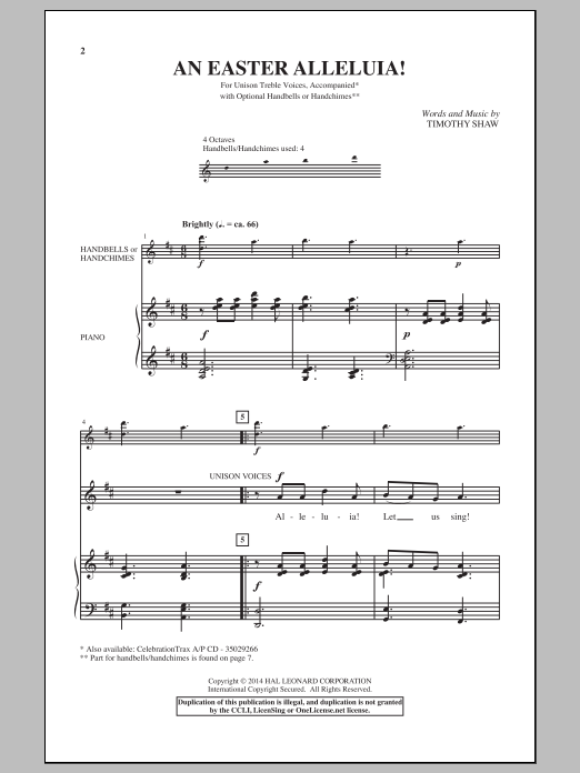 Learn to play Timothy Shaw An Easter Alleluia sheet music for Unison Choir in minutes. Price: 3.9900$ Timothy Shaw An Easter Alleluia sheet music notes and chords arranged for Unison Choir
