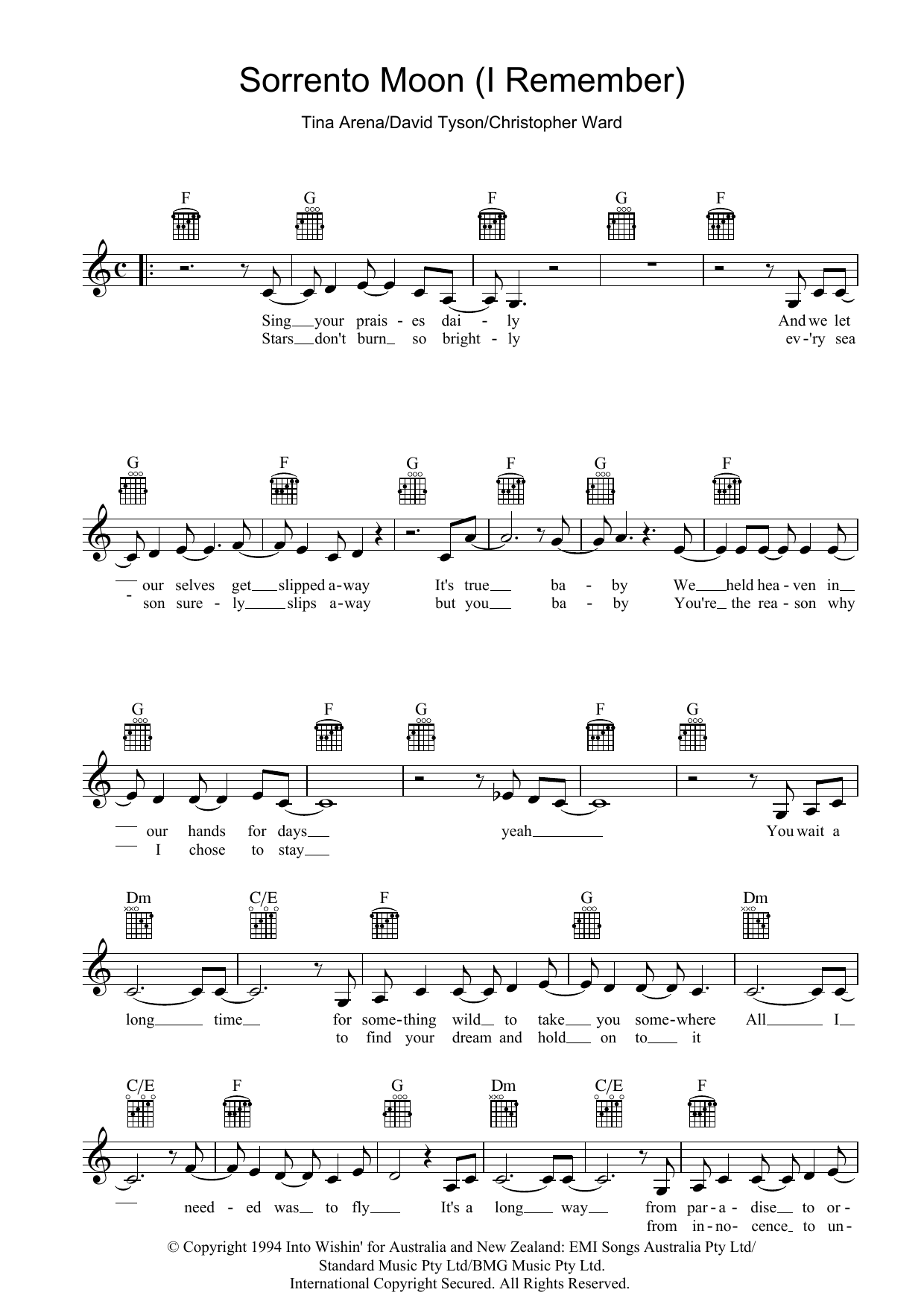 Learn to play Tina Arena Sorrento Moon (I Remember) sheet music for Lead Sheet / Fake Book in minutes. Price: 5.9900$ Tina Arena Sorrento Moon (I Remember) sheet music notes and chords arranged for Lead Sheet / Fake Book