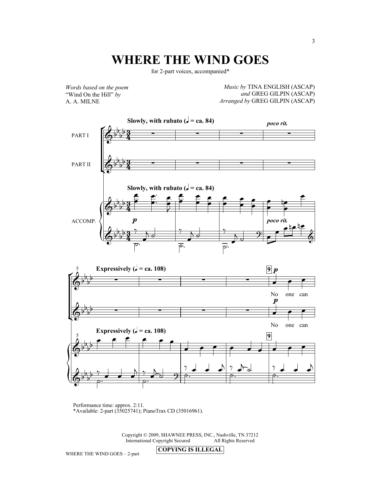Learn to play Tina English Where The Wind Goes sheet music for 2-Part Choir in minutes. Price: 3.9900$ Tina English Where The Wind Goes sheet music notes and chords arranged for 2-Part Choir