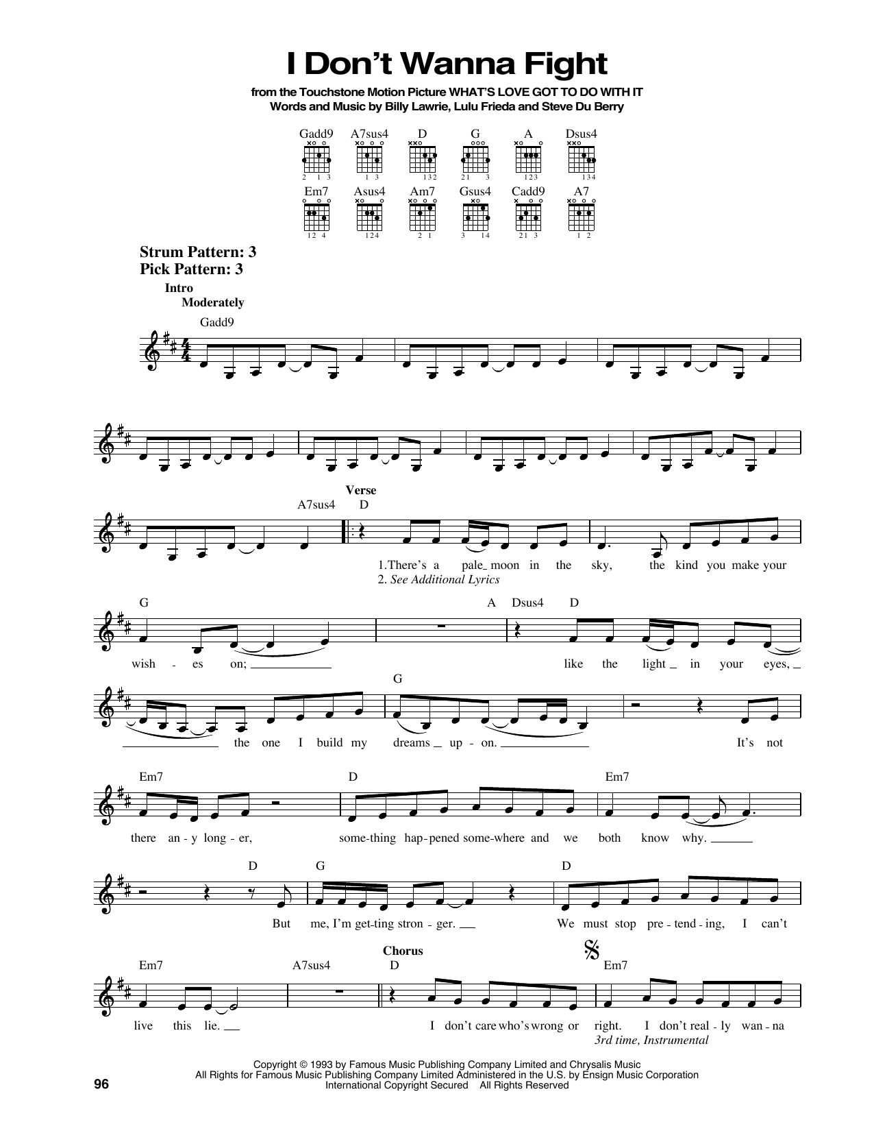 Tina Turner I Don't Wanna Fight sheet music notes and chords. Download Printable PDF.