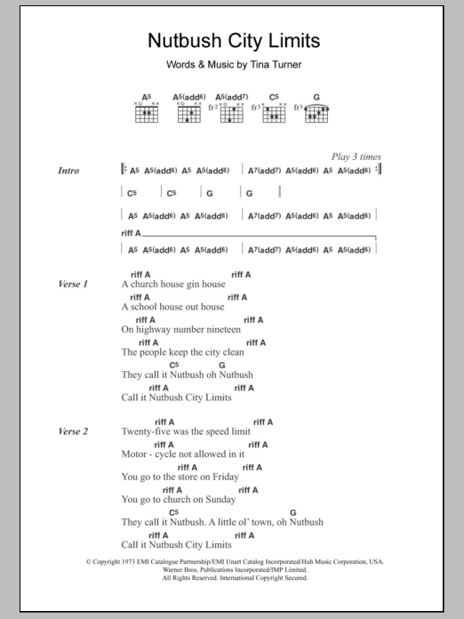 Tina Turner Nutbush City Limits sheet music notes and chords arranged for Guitar Chords/Lyrics