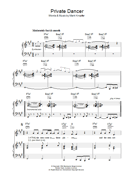 Tina Turner Private Dancer sheet music notes and chords arranged for Piano, Vocal & Guitar Chords