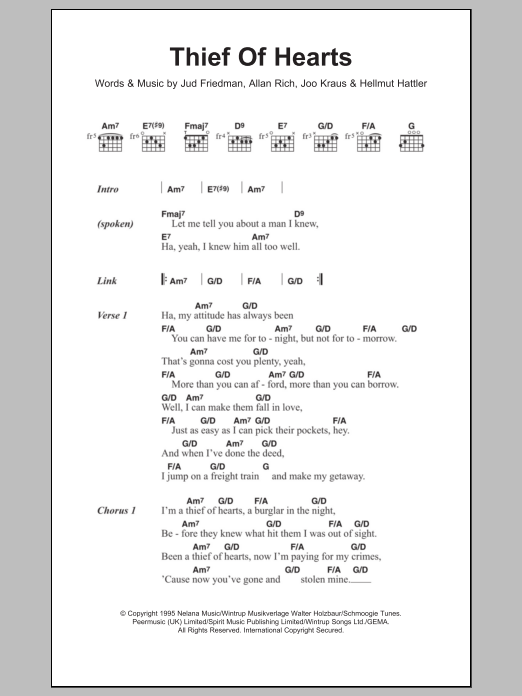 Tina Turner Thief Of Hearts sheet music notes and chords. Download Printable PDF.