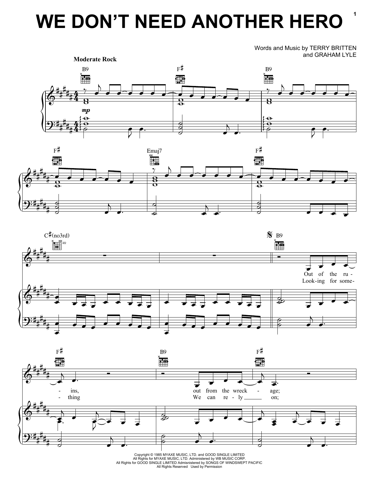 Tina Turner We Don't Need Another Hero sheet music notes and chords. Download Printable PDF.