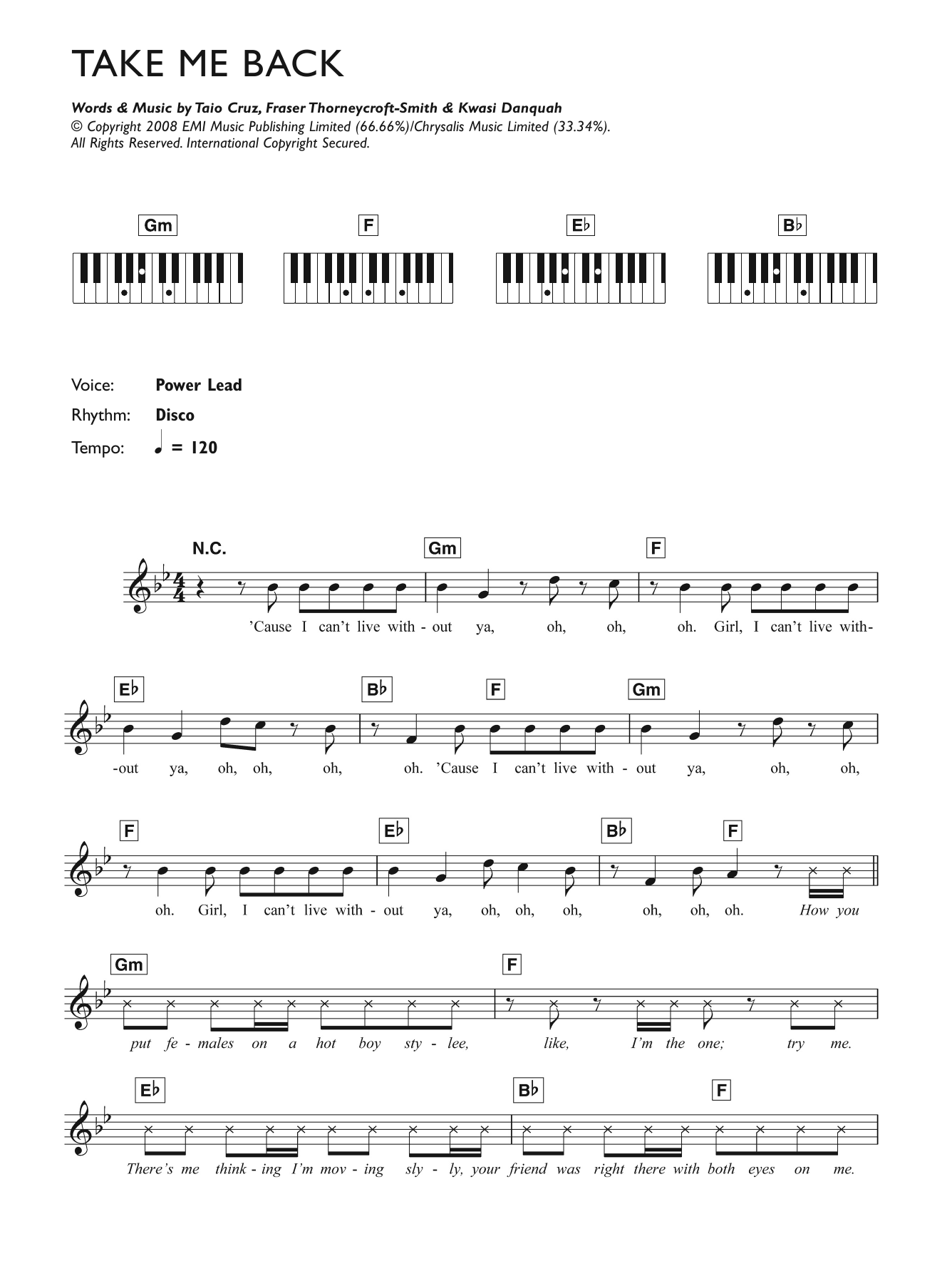 Learn to play Tinchy Stryder Take Me Back (feat. Taio Cruz) sheet music for Piano Chords/Lyrics in minutes. Price: 4.4900$ Tinchy Stryder Take Me Back (feat. Taio Cruz) sheet music notes and chords arranged for Piano Chords/Lyrics