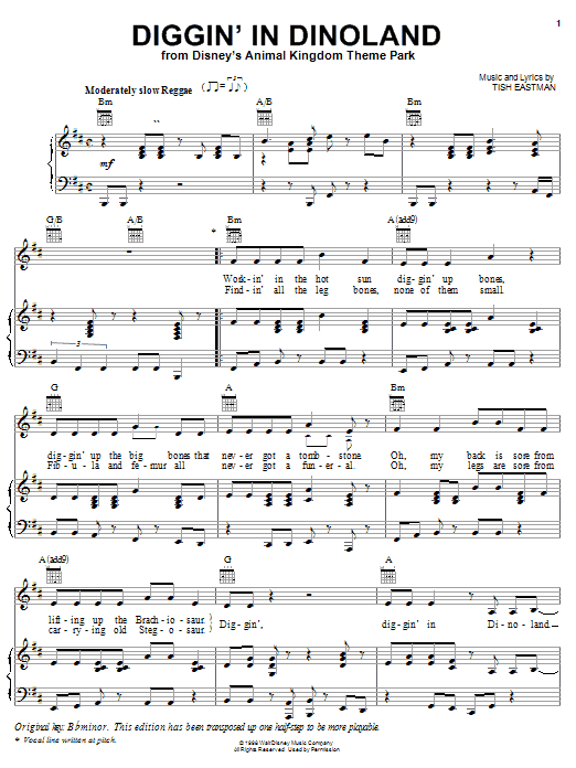 Learn to play Tish Eastman Diggin' In Dinoland (from Disney's Animal Kindom Theme Park) sheet music for Piano, Vocal & Guitar Chords (Right-Hand Melody) in minutes. Price: 7.8900$ Tish Eastman Diggin' In Dinoland (from Disney's Animal Kindom Theme Park) sheet music notes and chords arranged for Piano, Vocal & Guitar Chords (Right-Hand Melody)