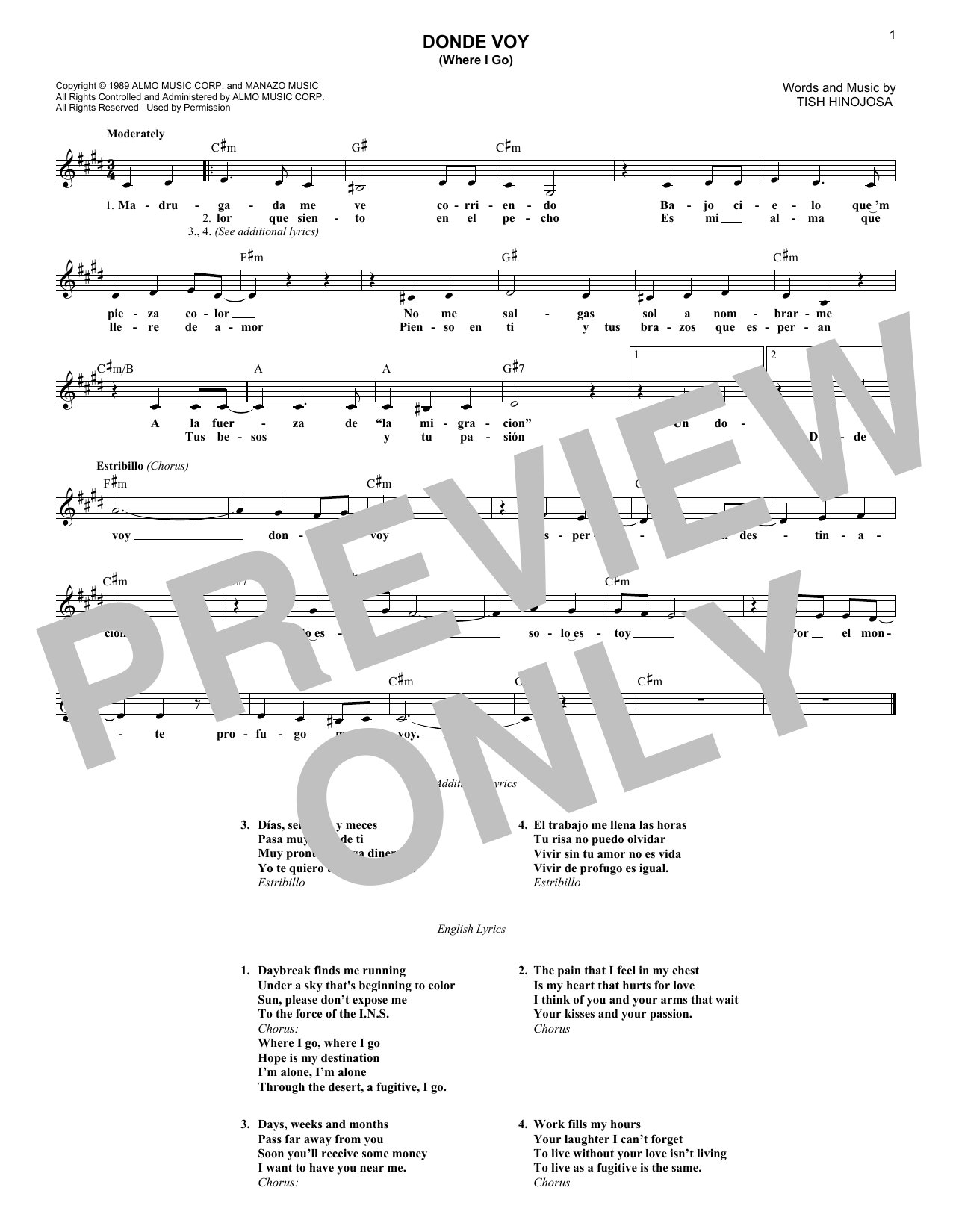 Learn to play Tish Hinojosa Donde Voy (Where I Go) sheet music for Lead Sheet / Fake Book in minutes. Price: 5.9900$ Tish Hinojosa Donde Voy (Where I Go) sheet music notes and chords arranged for Lead Sheet / Fake Book