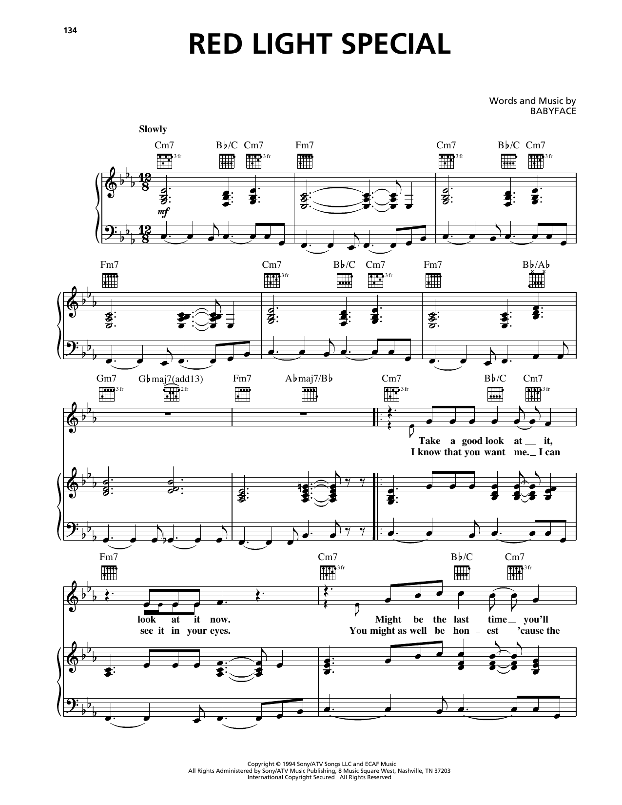 TLC Red Light Special sheet music notes and chords arranged for Piano, Vocal & Guitar Chords (Right-Hand Melody)