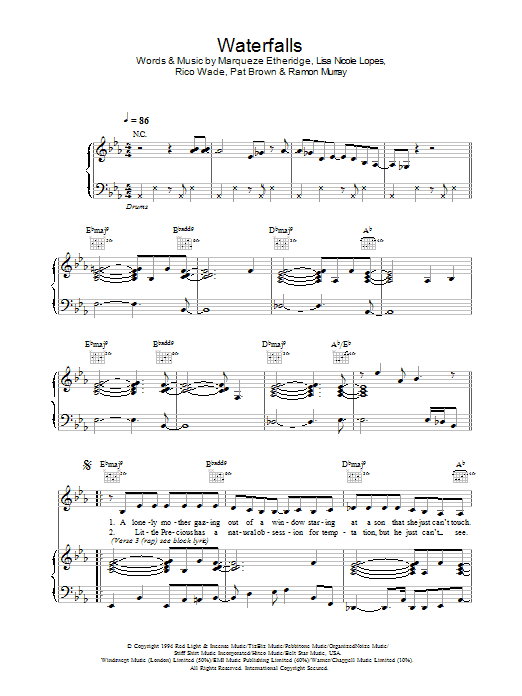 TLC Waterfalls sheet music notes and chords arranged for Easy Guitar Tab