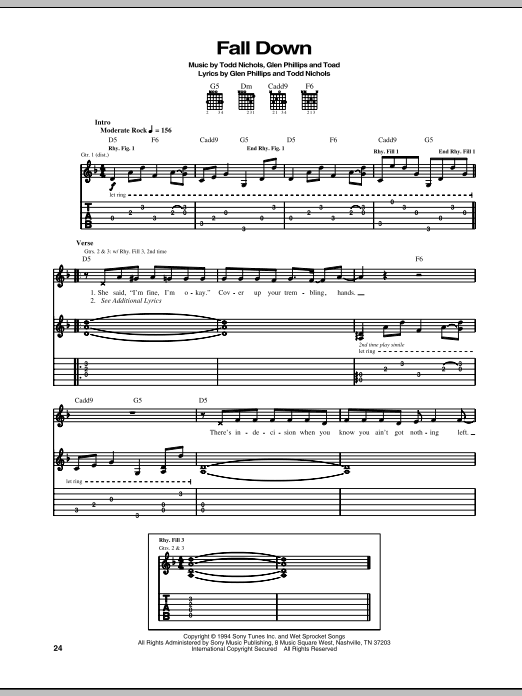 Learn to play Toad The Wet Sprocket Fall Down sheet music for Guitar Tab in minutes. Price: 6.9900$ Toad The Wet Sprocket Fall Down sheet music notes and chords arranged for Guitar Tab
