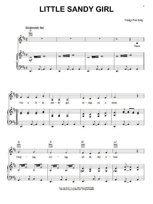 Learn to play Tobago Folk Song Little Sandy Girl sheet music for Piano, Vocal & Guitar Chords (Right-Hand Melody) in minutes. Price: 7.8900$ Tobago Folk Song Little Sandy Girl sheet music notes and chords arranged for Piano, Vocal & Guitar Chords (Right-Hand Melody)