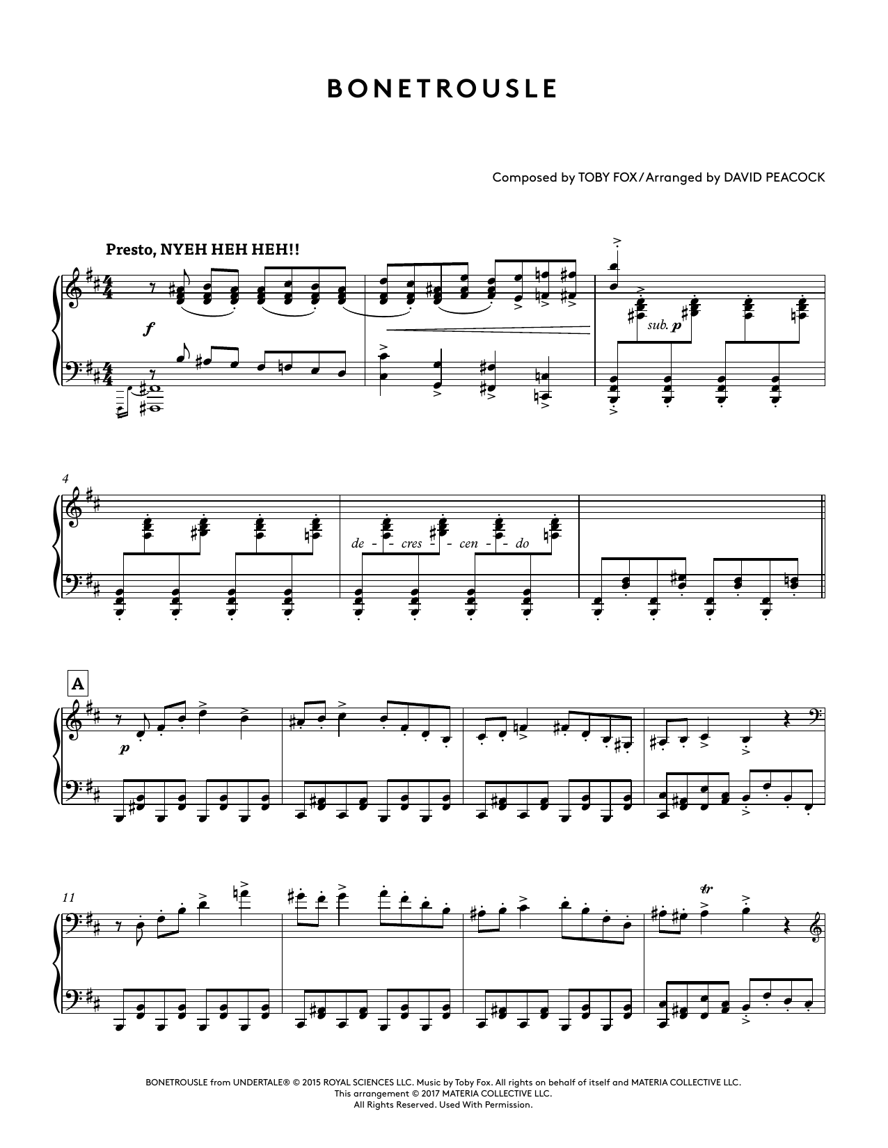 Toby Fox Bonetrousle (from Undertale Piano Collections) (arr. David Peacock) sheet music notes and chords. Download Printable PDF.