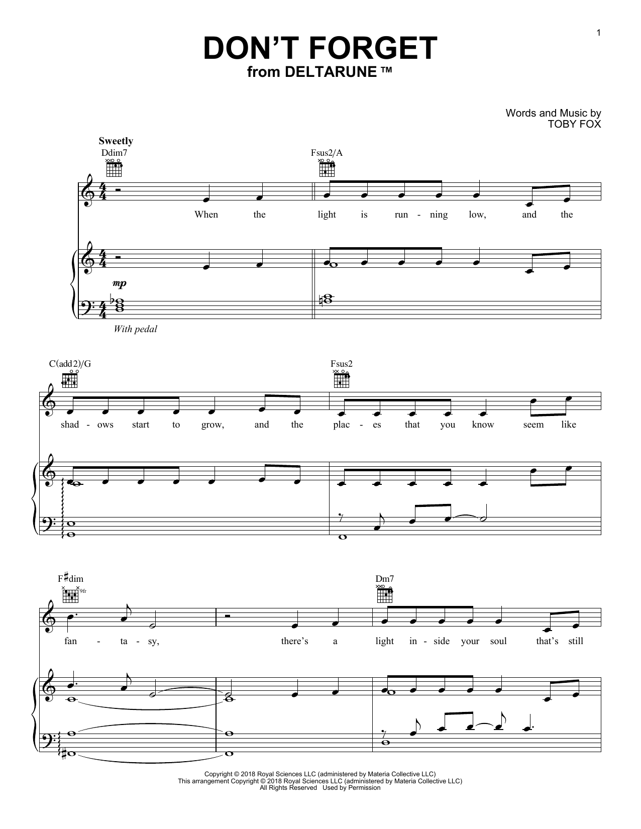 Toby Fox Don't Forget (from Deltarune) sheet music notes and chords. Download Printable PDF.