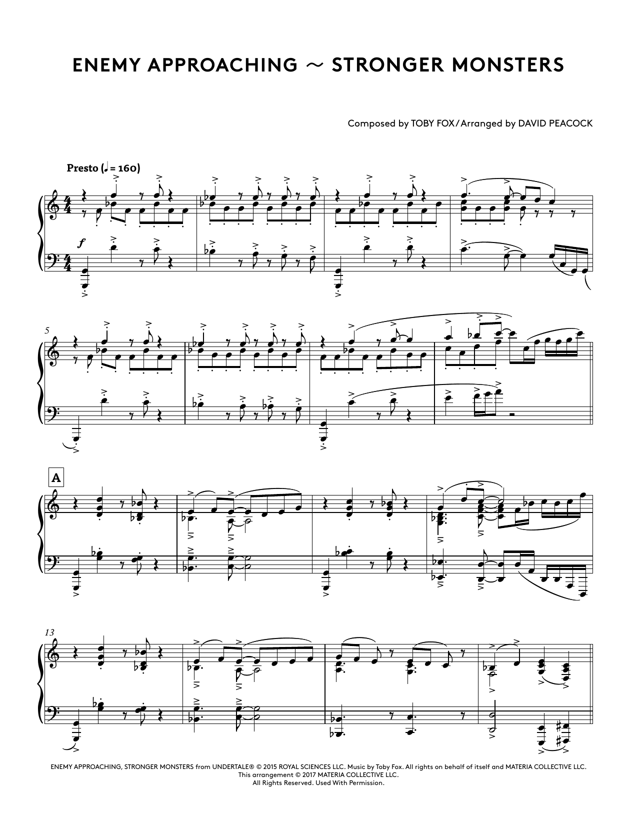 Toby Fox Enemy Approaching - Stronger Monsters (from Undertale Piano Collections 2) (arr. David Peacock) sheet music notes and chords. Download Printable PDF.