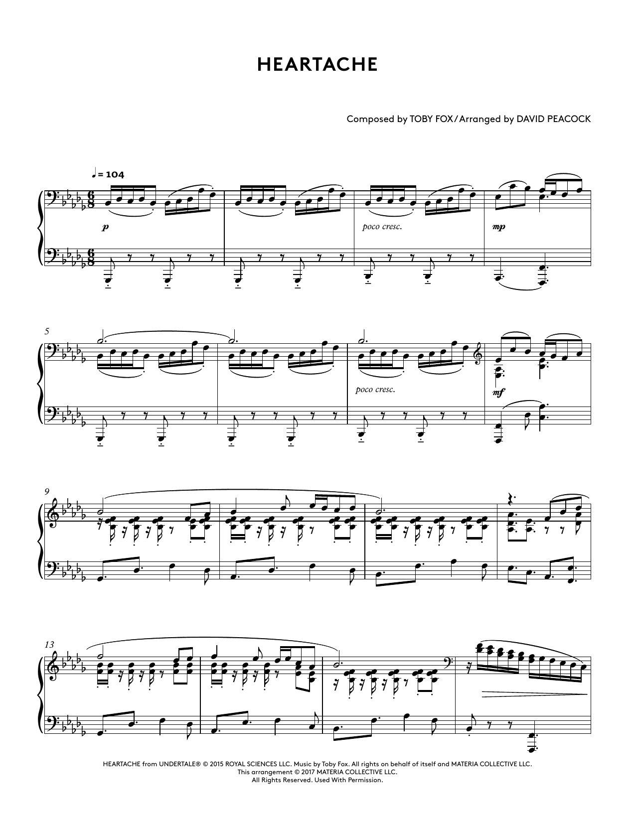 Learn to play Toby Fox Heartache (from Undertale Piano Collections 2) (arr. David Peacock) sheet music for Piano Solo in minutes. Price: 6.9900$ Toby Fox Heartache (from Undertale Piano Collections 2) (arr. David Peacock) sheet music notes and chords arranged for Piano Solo
