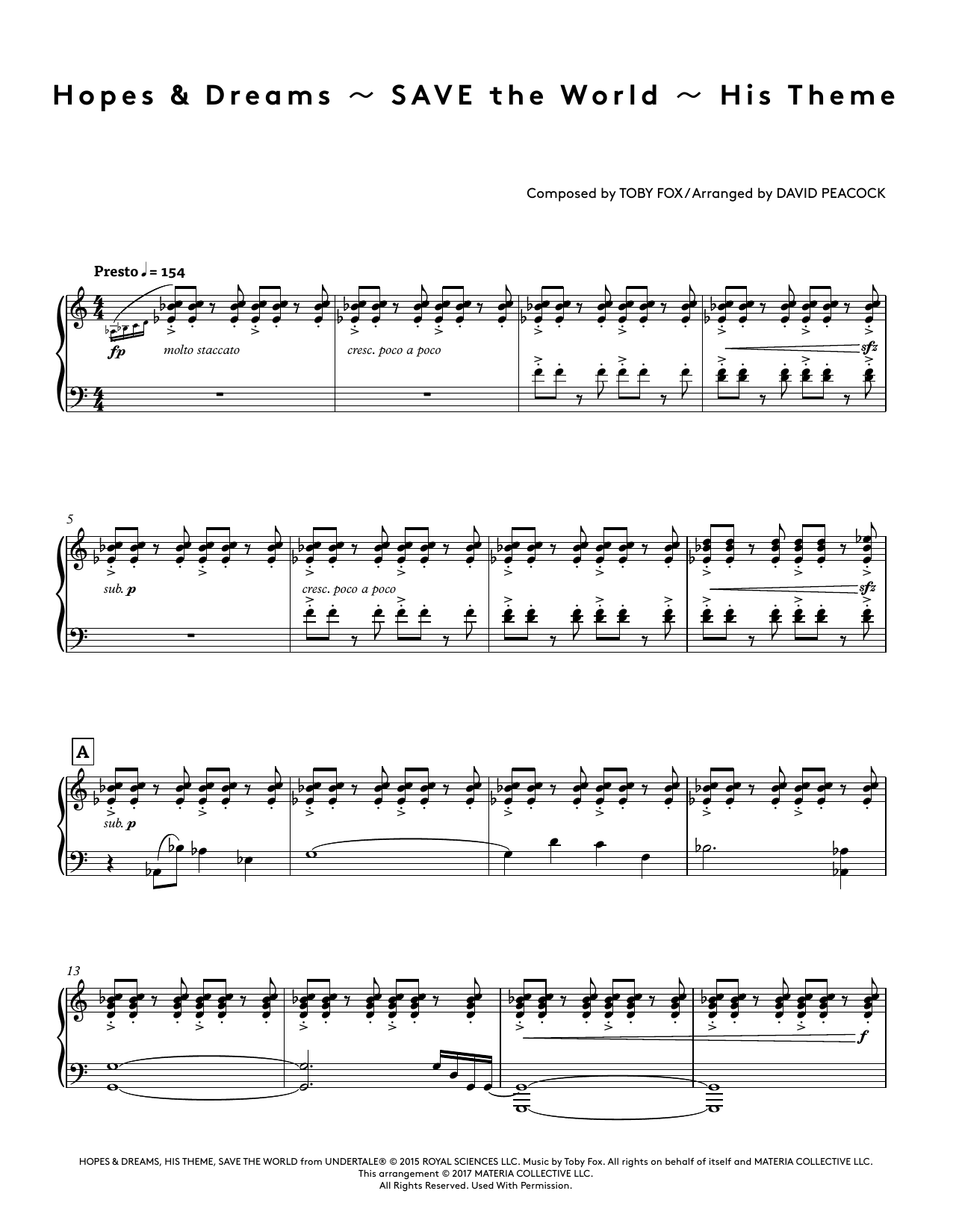 Toby Fox Hopes & Dreams - SAVE The World - His Theme (from Undertale Piano Collections) (arr. David Peacock) sheet music notes and chords. Download Printable PDF.