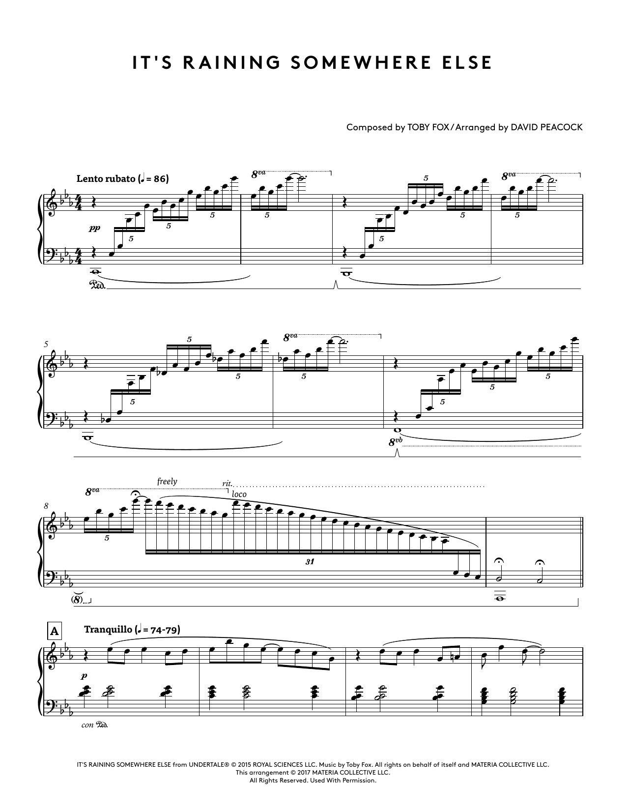 Toby Fox It's Raining Somewhere Else (from Undertale Piano Collections) (arr. David Peacock) sheet music notes and chords. Download Printable PDF.