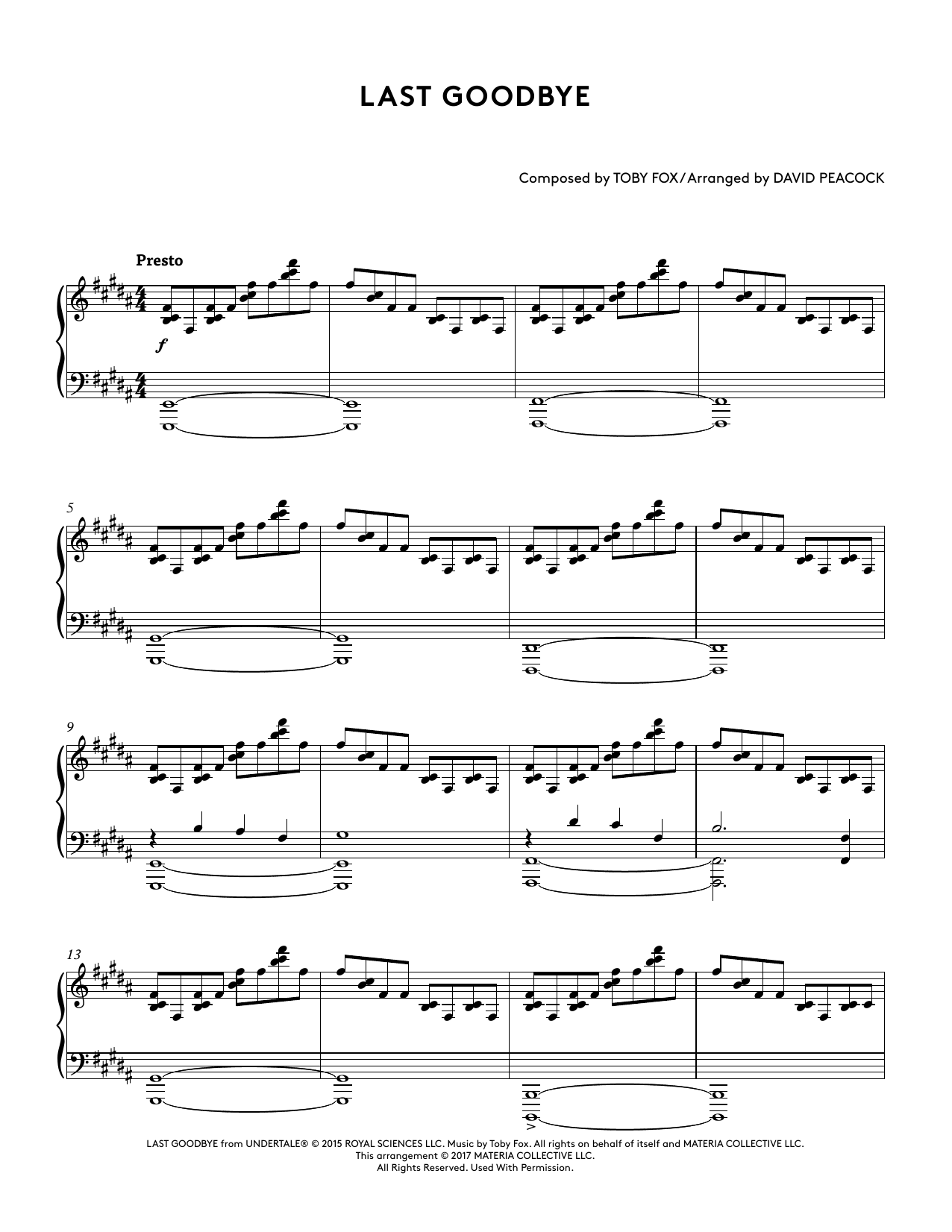 Toby Fox Last Goodbye (from Undertale Piano Collections 2) (arr. David Peacock) sheet music notes and chords. Download Printable PDF.