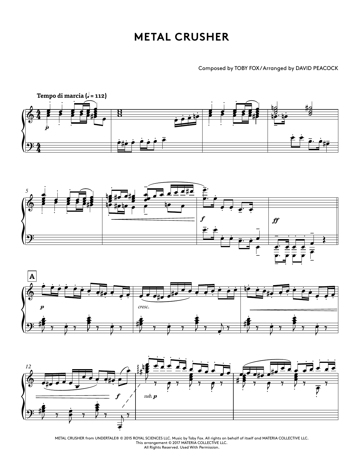 Toby Fox Metal Crusher (from Undertale Piano Collections 2) (arr. David Peacock) sheet music notes and chords. Download Printable PDF.