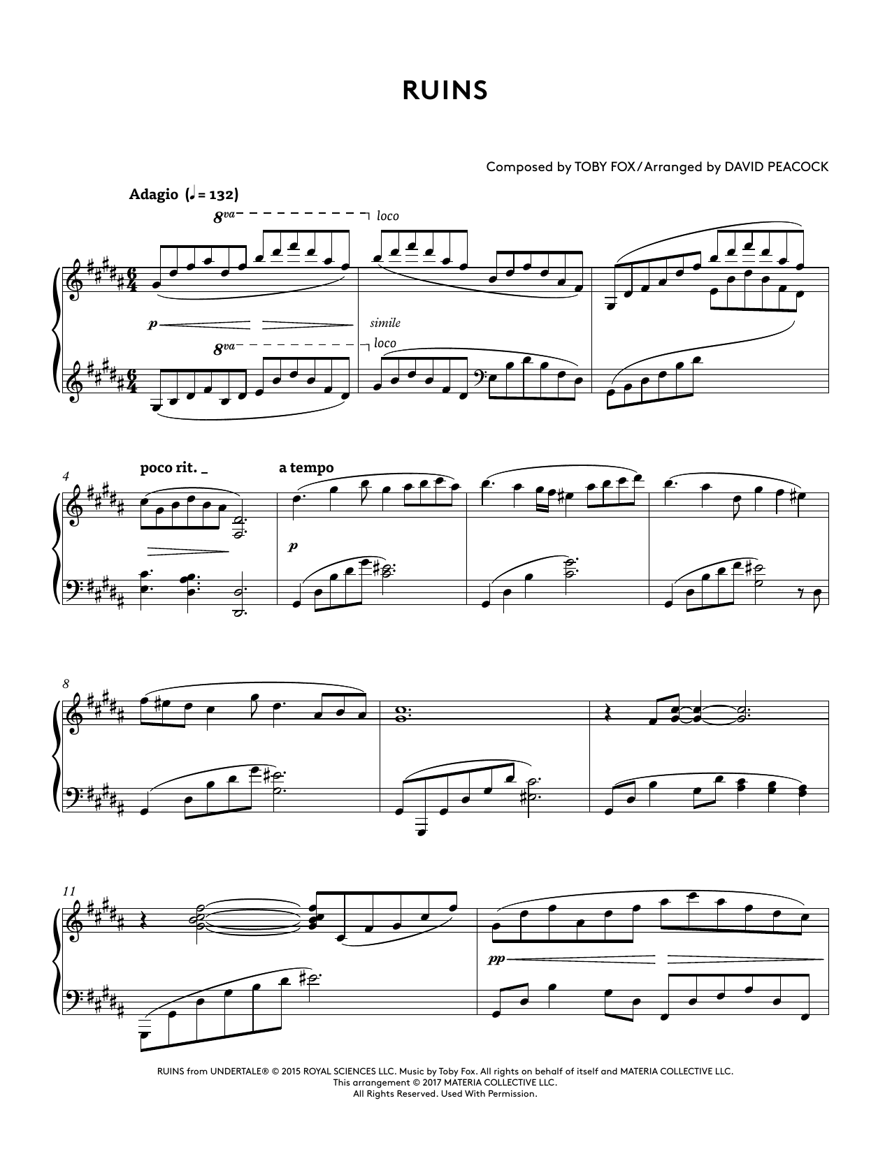 Toby Fox Ruins (from Undertale Piano Collections 2) (arr. David Peacock) sheet music notes and chords. Download Printable PDF.