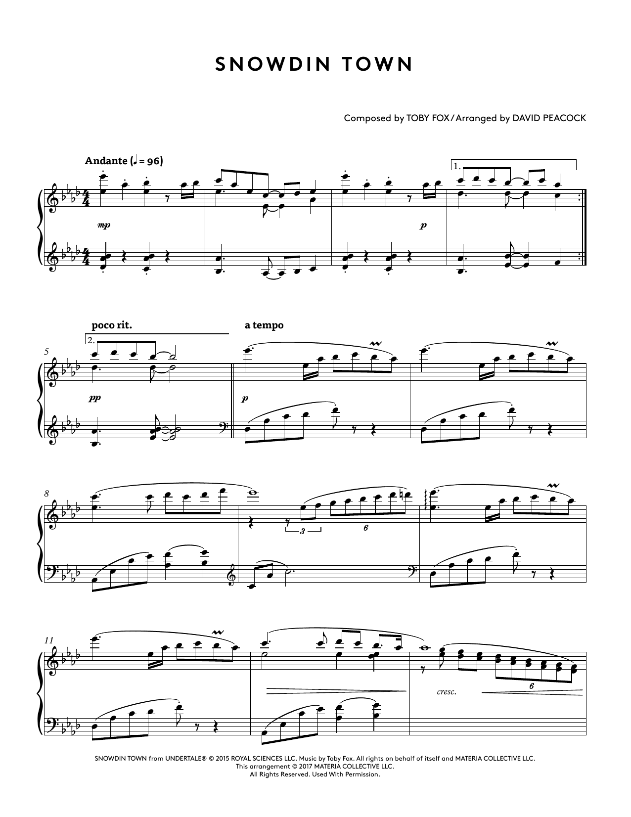 Toby Fox Snowdin Town (from Undertale Piano Collections 2) (arr. David Peacock) sheet music notes and chords. Download Printable PDF.