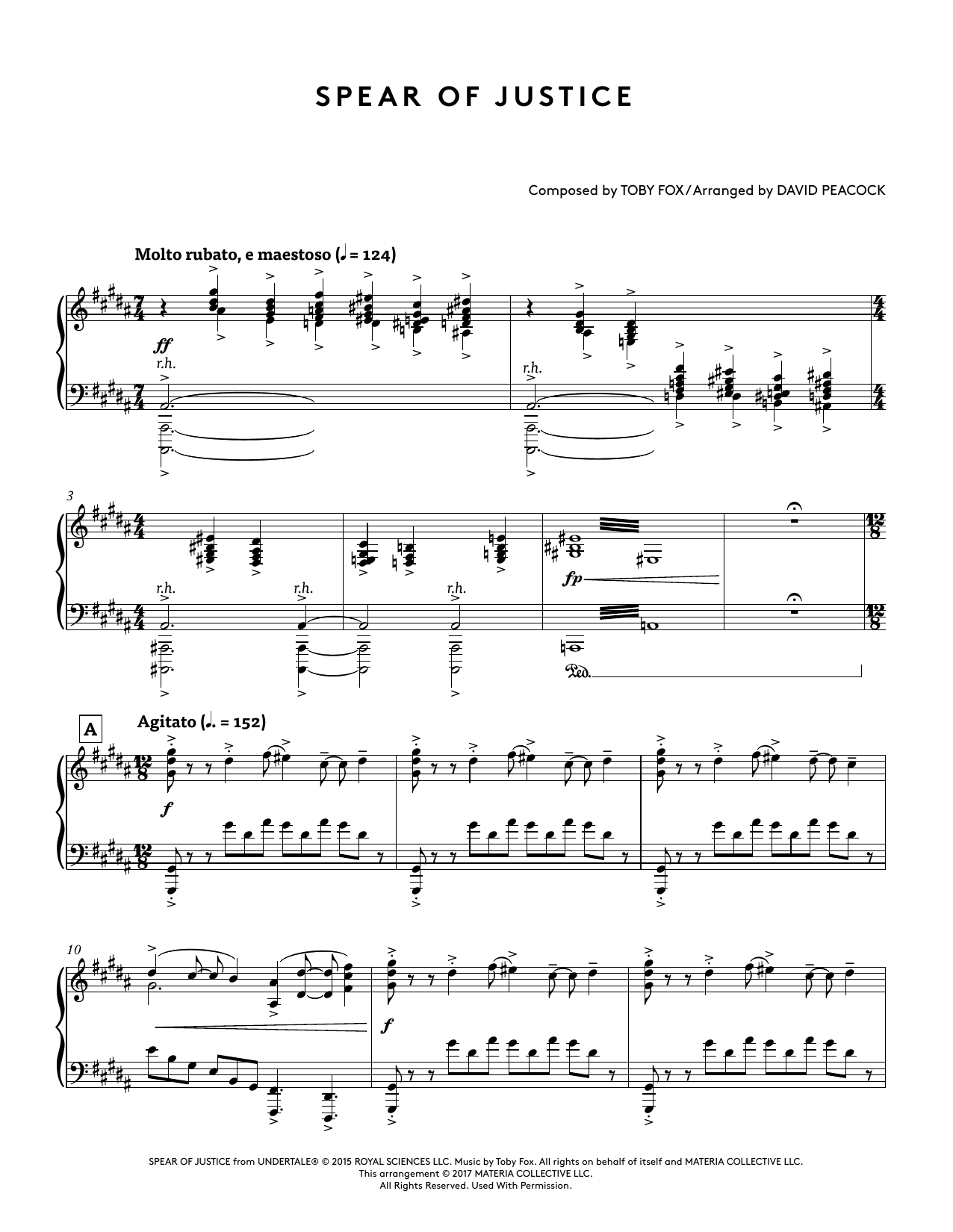 Toby Fox Spear of Justice (from Undertale Piano Collections) (arr. David Peacock) sheet music notes and chords. Download Printable PDF.