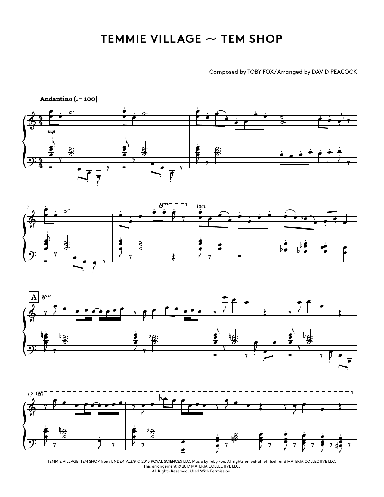 Learn to play Toby Fox Temmie Village - Tem Shop (from Undertale Piano Collections 2) (arr. David Peacock) sheet music for Piano Solo in minutes. Price: 6.9900$ Toby Fox Temmie Village - Tem Shop (from Undertale Piano Collections 2) (arr. David Peacock) sheet music notes and chords arranged for Piano Solo