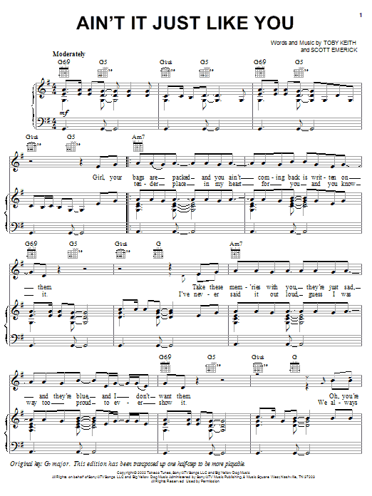 Learn to play Toby Keith Ain't It Just Like You sheet music for Piano, Vocal & Guitar Chords (Right-Hand Melody) in minutes. Price: 7.8900$ Toby Keith Ain't It Just Like You sheet music notes and chords arranged for Piano, Vocal & Guitar Chords (Right-Hand Melody)