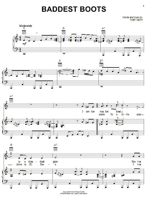 Learn to play Toby Keith Baddest Boots sheet music for Piano, Vocal & Guitar Chords (Right-Hand Melody) in minutes. Price: 7.8900$ Toby Keith Baddest Boots sheet music notes and chords arranged for Piano, Vocal & Guitar Chords (Right-Hand Melody)
