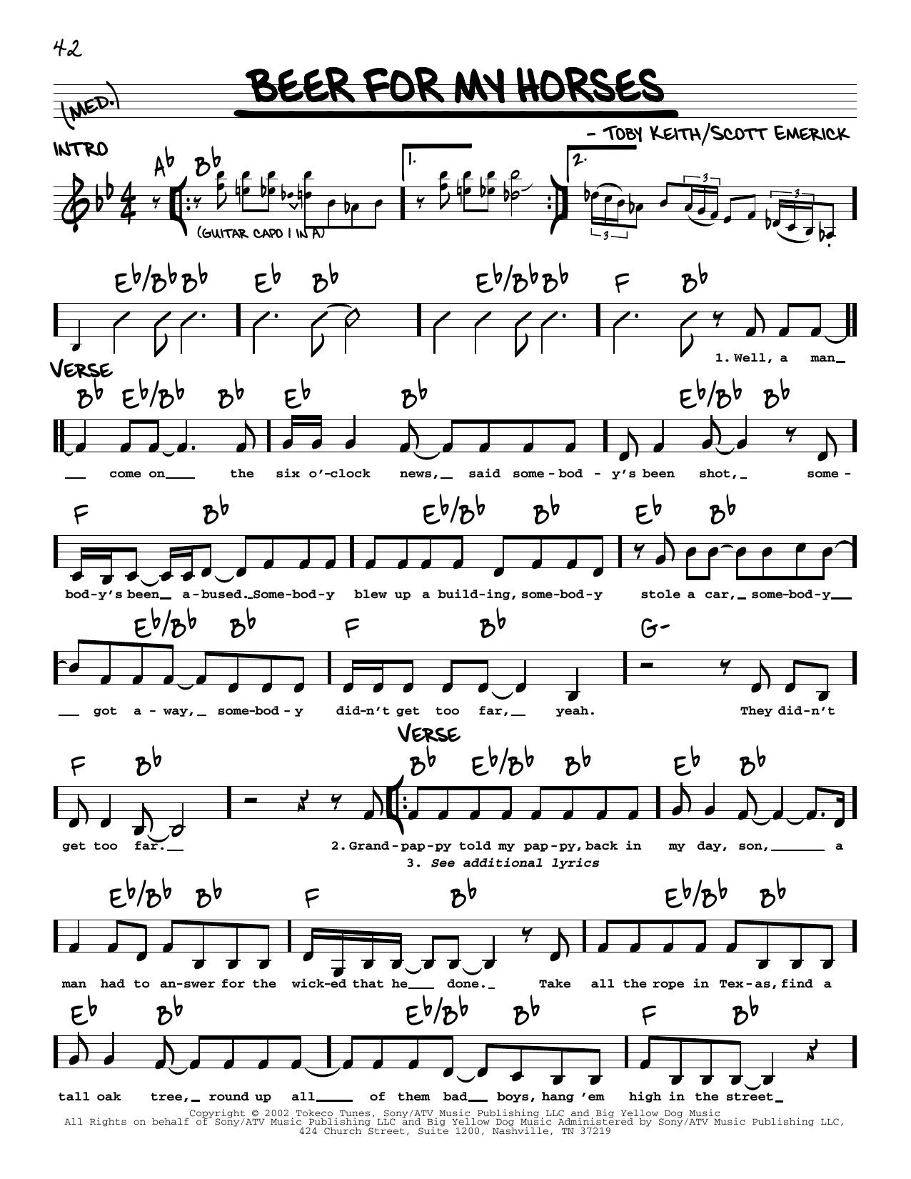Learn to play Toby Keith Beer For My Horses (feat. Willie Nelson) sheet music for Real Book – Melody, Lyrics & Chords in minutes. Price: 5.9900$ Toby Keith Beer For My Horses (feat. Willie Nelson) sheet music notes and chords arranged for Real Book – Melody, Lyrics & Chords