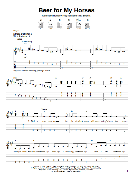 Toby Keith Beer For My Horses sheet music notes and chords. Download Printable PDF.