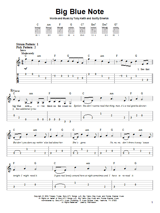 Toby Keith Big Blue Note sheet music notes and chords. Download Printable PDF.