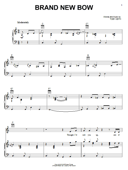 Learn to play Toby Keith Brand New Bow sheet music for Piano, Vocal & Guitar Chords (Right-Hand Melody) in minutes. Price: 7.8900$ Toby Keith Brand New Bow sheet music notes and chords arranged for Piano, Vocal & Guitar Chords (Right-Hand Melody)