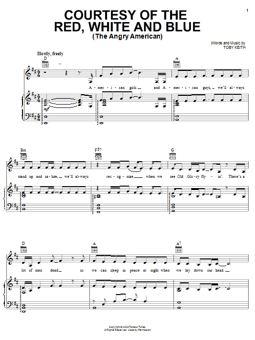 Toby Keith Courtesy Of The Red, White And Blue (The Angry American) sheet music notes and chords. Download Printable PDF.