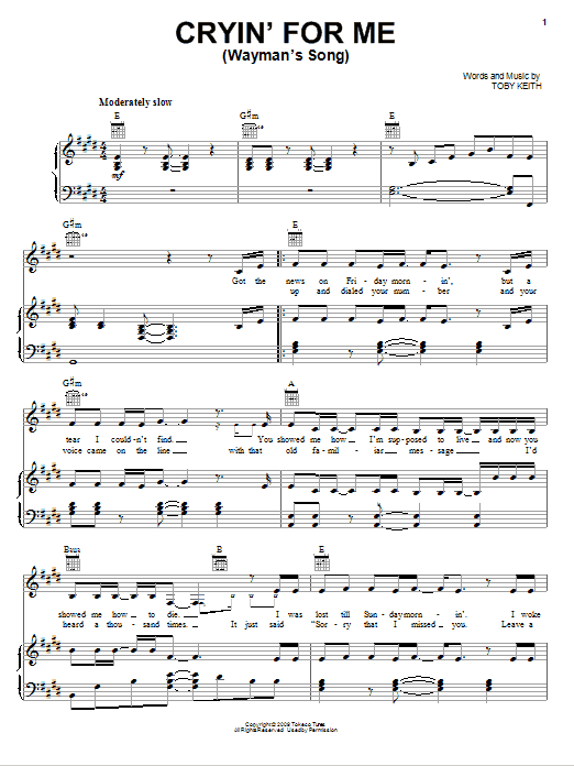 Toby Keith Cryin' For Me (Wayman's Song) sheet music notes and chords. Download Printable PDF.