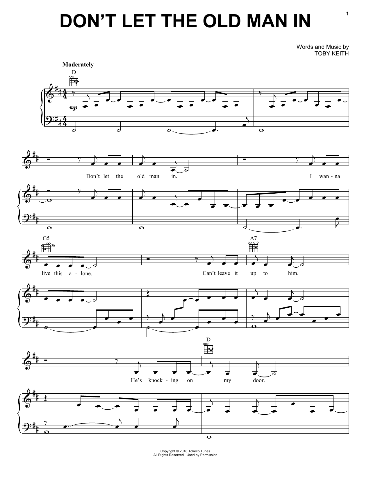 Toby Keith Don't Let The Old Man In sheet music notes and chords. Download Printable PDF.