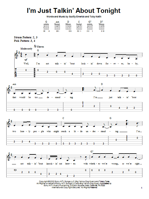 Toby Keith I'm Just Talkin' About Tonight sheet music notes and chords. Download Printable PDF.