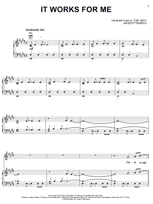 Learn to play Toby Keith It Works For Me sheet music for Piano, Vocal & Guitar Chords (Right-Hand Melody) in minutes. Price: 7.8900$ Toby Keith It Works For Me sheet music notes and chords arranged for Piano, Vocal & Guitar Chords (Right-Hand Melody)