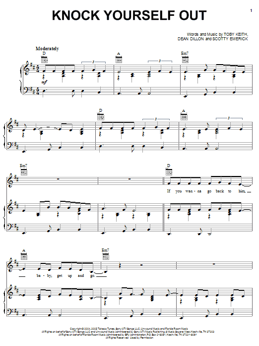 Learn to play Toby Keith Knock Yourself Out sheet music for Piano, Vocal & Guitar Chords (Right-Hand Melody) in minutes. Price: 7.8900$ Toby Keith Knock Yourself Out sheet music notes and chords arranged for Piano, Vocal & Guitar Chords (Right-Hand Melody)