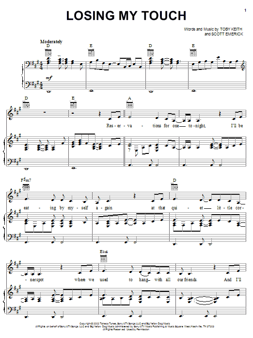 Learn to play Toby Keith Losing My Touch sheet music for Piano, Vocal & Guitar Chords (Right-Hand Melody) in minutes. Price: 7.8900$ Toby Keith Losing My Touch sheet music notes and chords arranged for Piano, Vocal & Guitar Chords (Right-Hand Melody)