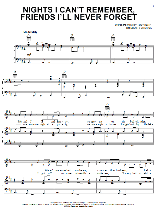 Learn to play Toby Keith Nights I Can't Remember, Friends I'll Never Forget sheet music for Piano, Vocal & Guitar Chords (Right-Hand Melody) in minutes. Price: 7.8900$ Toby Keith Nights I Can't Remember, Friends I'll Never Forget sheet music notes and chords arranged for Piano, Vocal & Guitar Chords (Right-Hand Melody)