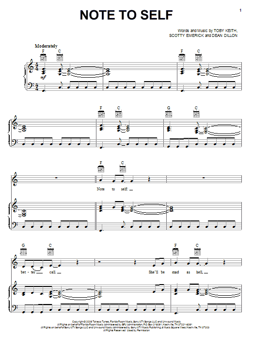 Toby Keith Note To Self sheet music notes and chords arranged for Piano, Vocal & Guitar Chords (Right-Hand Melody)