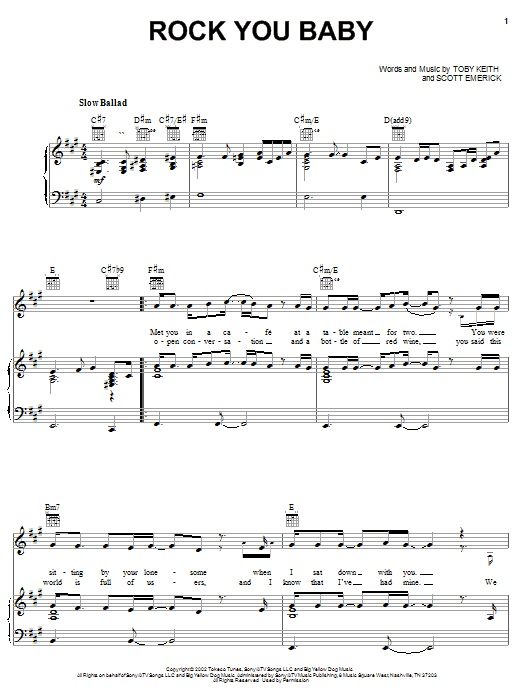 Learn to play Toby Keith Rock You Baby sheet music for Piano, Vocal & Guitar Chords (Right-Hand Melody) in minutes. Price: 7.8900$ Toby Keith Rock You Baby sheet music notes and chords arranged for Piano, Vocal & Guitar Chords (Right-Hand Melody)