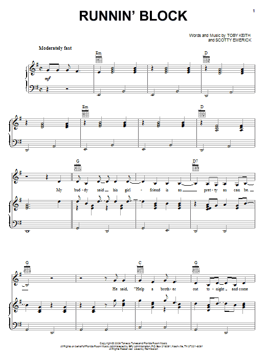 Learn to play Toby Keith Runnin' Block sheet music for Piano, Vocal & Guitar Chords (Right-Hand Melody) in minutes. Price: 7.8900$ Toby Keith Runnin' Block sheet music notes and chords arranged for Piano, Vocal & Guitar Chords (Right-Hand Melody)