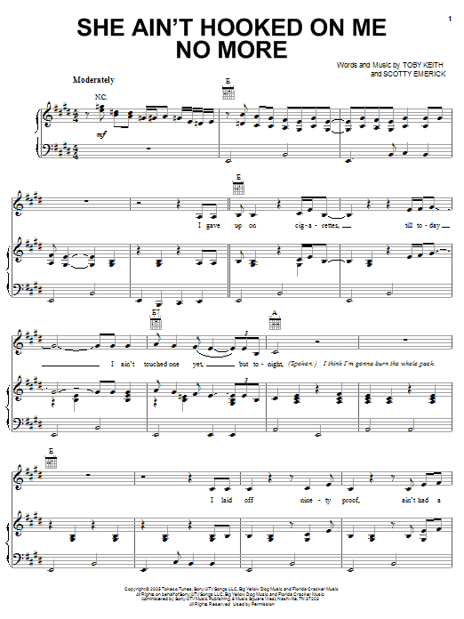 Learn to play Toby Keith She Ain't Hooked On Me No More sheet music for Piano, Vocal & Guitar Chords (Right-Hand Melody) in minutes. Price: 7.8900$ Toby Keith She Ain't Hooked On Me No More sheet music notes and chords arranged for Piano, Vocal & Guitar Chords (Right-Hand Melody)