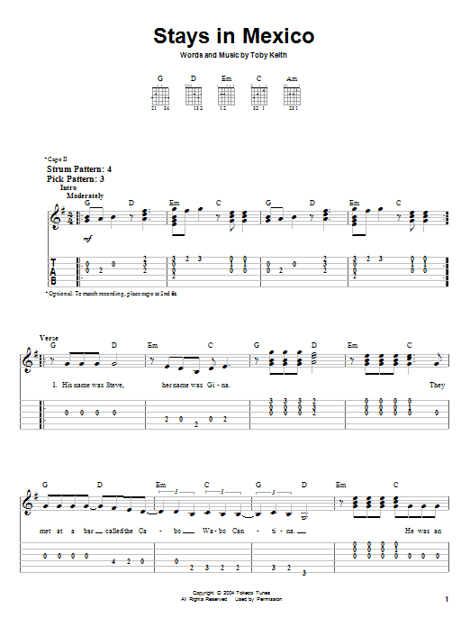 Toby Keith Stays In Mexico sheet music notes and chords. Download Printable PDF.